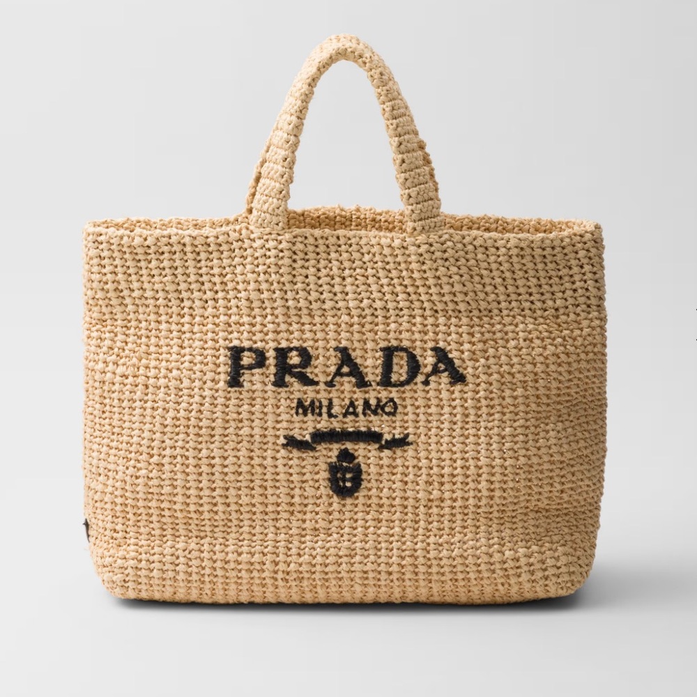 Prada Beige Woven Straw Tote with Black Logo
